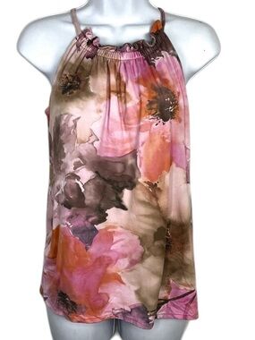 Daisy & Clover Floral Halter Top Medium Pink Watercolor Sleeveless Blouse